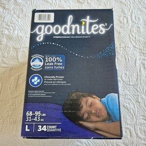 Goodnites size Large or 10/12 unopened box 34 count 68-95 lbs NEW